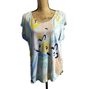 Rachel Zoe Abstract Floral Linen Tee Blue Short Sleeve Spring Size XL